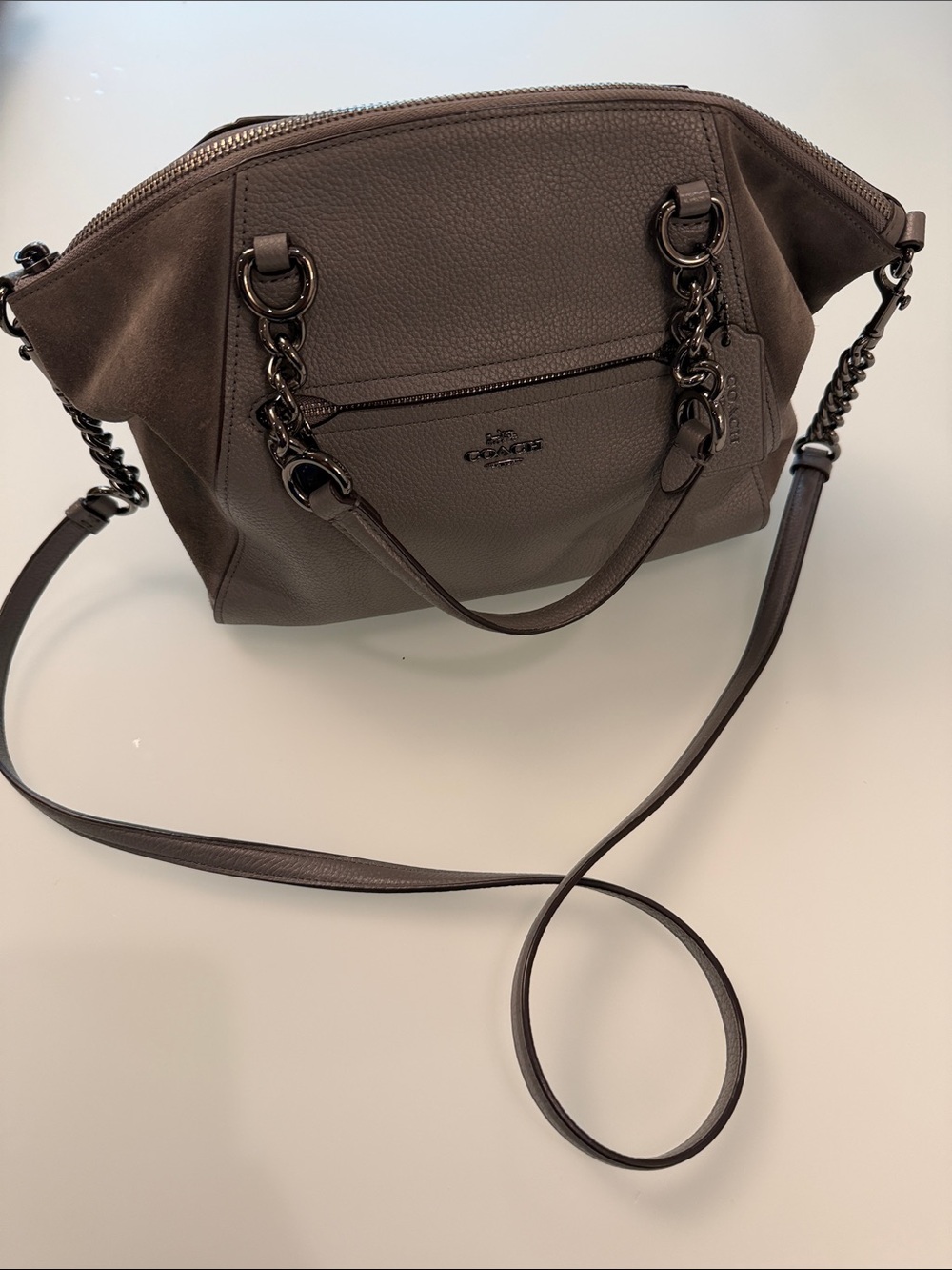 Coach Chain Pairie Gray Pebbled Leather & Suede Convertible Shoulder Satchel